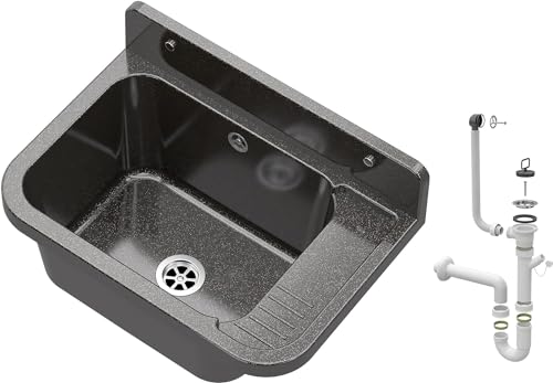 GRANITAN Lavandino da Esterno Moderno per Garage e Lavanderia - Lavatoio per Installazione Interna ed Esterna - Pilozzo da Esterno Giardino - 50x34x31 cm - Nero Figo