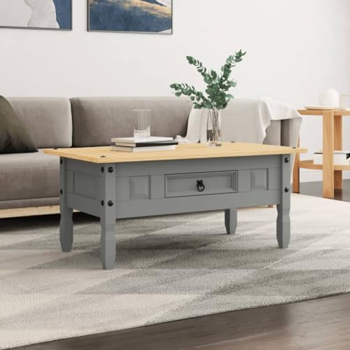 Table Basse Mexicaine en Pin Massif Style Corona avec Tiroir, Salon Salle à Manger, Meuble Rustique Gris Marron, Dimensions 100x55x44 cm, Facile à Assembler