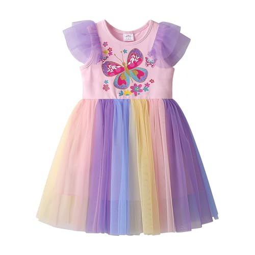 DXTON Girls Summer Dresses Tutu Short Sleeve Party Casual Outfits Tulle Dress 3-12 Years