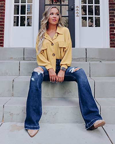 Lookbookstore High Waisted Jeans For Women Plus Size Cotton Jeans For Women Outfits Trendy Flared Jeans For Women High Waisted Dark Blue Size Small Fits Size 4 / Size 6 #TOP6