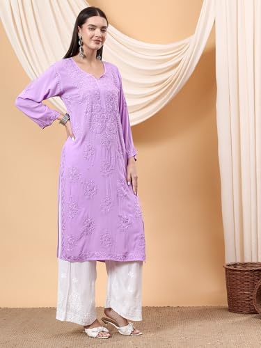 Image of POSHAK CHIKAN STUDIO Women's Hand Embroidered Lucknowi Chikankari Modal Straight Long Kurta, heer