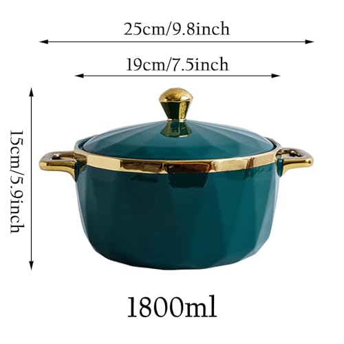 Hgjgwqh Ceramic Soup Tureen with Lid, Large Serving Bowl with Lid and Handles, Bone China Gold Rim Design Soup Bowl for Serving Salad Pasta Noodles Stew, Microwave and Dishwasher Safe,1800ml