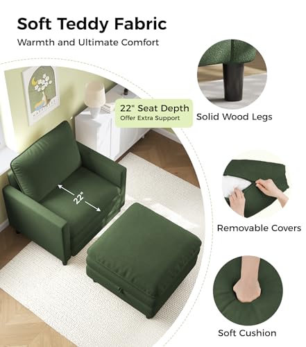 Image of Welzona 3-Layers Cloud Accent Chair with Ottoman, 33 inch Teddy Reading Chair | Comfy Teddy Fabric, Washable Covers, Tool-Free Setup, All-wood Arm Chair and Ottoman Sets for Living Room, Bedroom, Green
