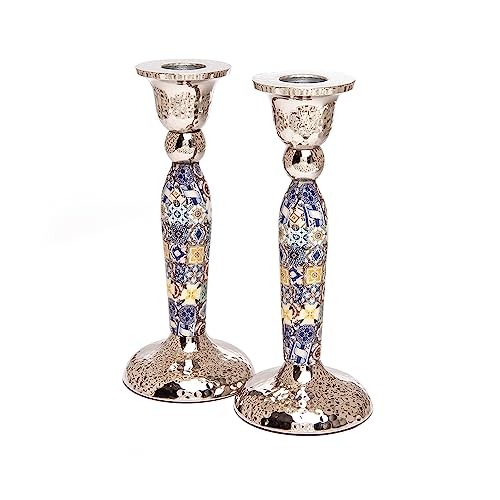 Yair Emanuel Modern Pillar Candle Holders 6.5 Inch | Shabbat Candlestick Holders | Colorful and Intricate Design Set of Two Judcaia Gift (Multicolor Geometric CSV-3) by EMANUEL - Image 4