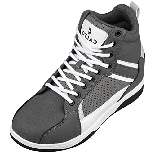 CALTO Men's Invisible Height Increasing Elevator Trainer Shoes - Grey/White Lace-up Fashion High-Top Sneakers - 3.2 Inches Taller - S3721 - Size 8 D(M) US
