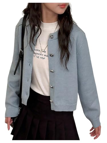 SHENHE Girl's Cardigan Sweater Button Down Lightweight Crewneck Solid Cropped Cardigan