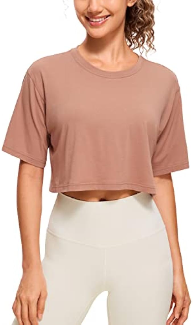 CRZ YOGA Women's Pima Cotton Workout Crop Tops Short Sleeve Yoga Shirts Casual Athletic Running T-Shirts