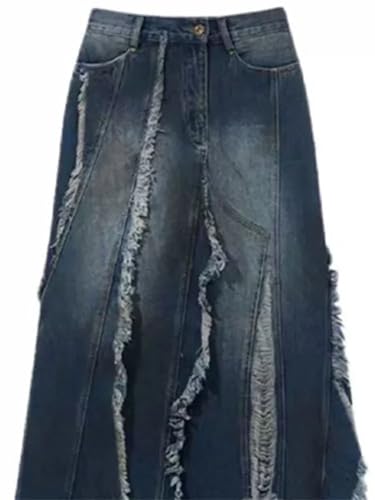 Women High-Waisted with Distressed Frayed Hem and Asymmetrical Design Unique Style Denim Midi Skirt2