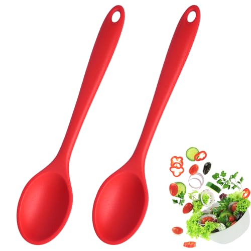 Auvotuis 2 Pcs Large Silicone Spoons for Cooking Heat Resistant, Non-Stick Mixing Spoon for Kitchen Cooking Baking Stirring Mixing Basting Tools (Red)