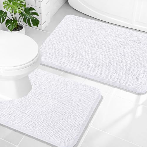 Image of OLANLY Bathroom Rugs Sets 2 Piece, Soft Absorbent Chenille Bath Mats and U-Shaped Contour Toilet Mat Area Rug Set, Machine Washable Bath Carpet, Home Decor Accessories(30 inchx20 inch+24 inchx20 inch, White)