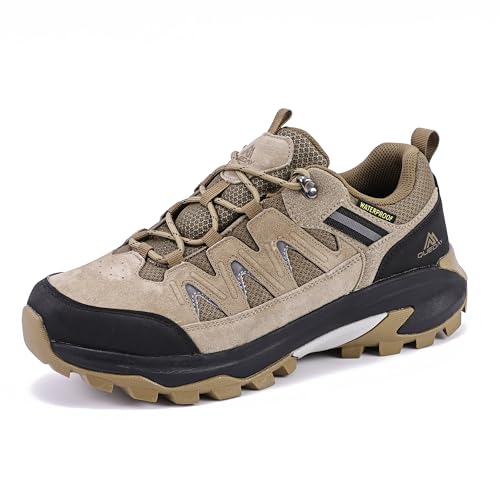 Queday Brown Mens Waterproof Hiking Shoes Non Slip Leather Outdoor