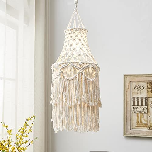Topotdor Boho Pendant Light Plug in Cord,Macrame Hanging Light Cover Handmade Cotton Tasseled Chandelier E26 Socket ON/Off Switch 14.7Ft White Cord for Bedroom Living Room (White)