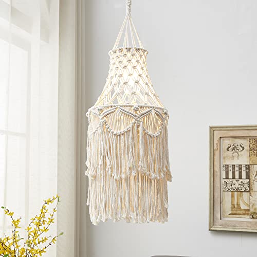 Topotdor Boho Pendant Light Plug In Cord,Macrame Hanging Light Cover Handmade Cotton Tasseled Chandelier E26 Socket On/Off Switch 14.7Ft White Cord For Bedroom Living Room (White) #TOP4