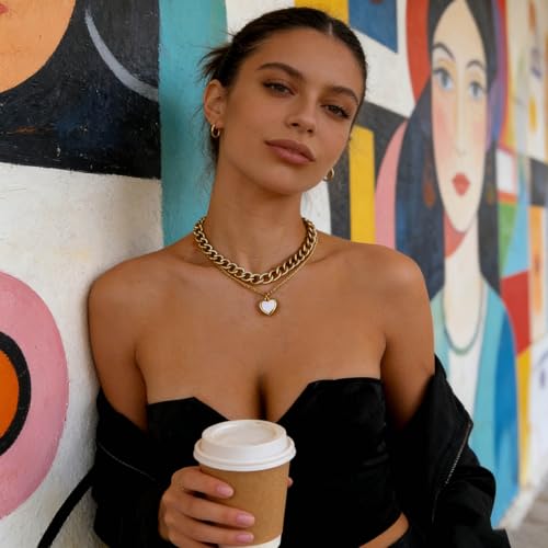Atentuyi Punk Dicke Halskette Damen Layering Kette Gold Chunky Choker Cuban Link Chain Heart Necklace Herz Ketten Anhänger Mehrlagig Panzerkette Gliederkette Modeschmuck Statement Frauen Herren