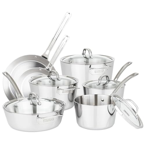 Image of Viking Contemporary 3-Ply Pots and Pans Set, 12 Piece Stainless Steel Kitchen Cookware with Glass Lids, Silver