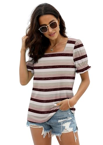 Image of WIHOLL Tops for Women Summer Casual Ruffle Trim Sleeve Square Neck T Shirts