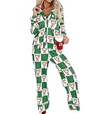 Faretumiya Womens Christmas Pajama Sets Flannel Long Sleeve Notch Collar Shirt and Pants 2 Piece Pjs Plaid Sleepwear Loungewear（chic sexy green ，Small）