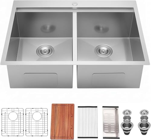 IKEBANA 33 x 22 Inch Double Bowl Kitchen Sink Drop in, Brushed Nickel 16 Gauge Stainless Steel Topmount 50/50 Double Basin Workstation Kitchen Sink with Accessories