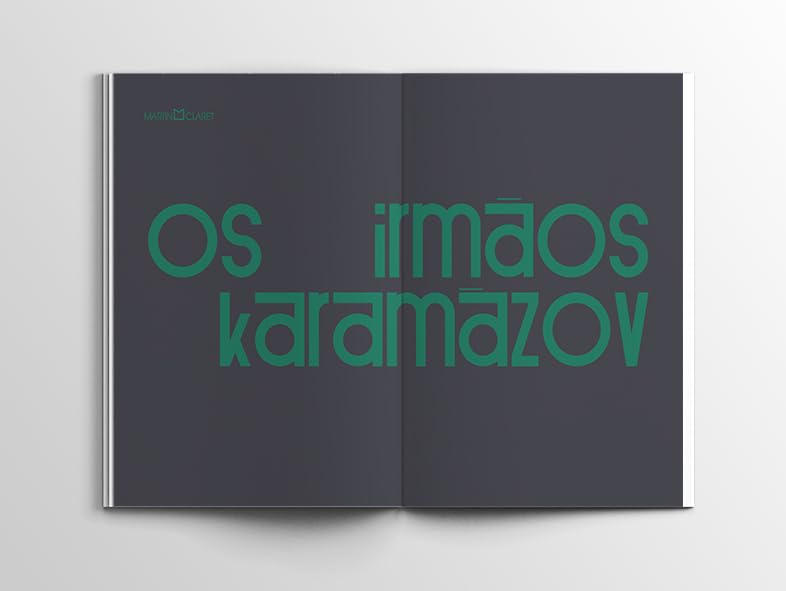 Páginas internas do livro Os irmãos Karamázov abertas mostrando diagramação limpa em fundo cinza escuro
