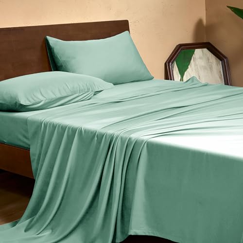 Image of EVERLY Full Sheets Set,Luxuriously 400 Thread Count Organic Viscose Derived from Bamboo Bed Sheet,Cooling Sheets for Full Size 4 Piece Deep Pockets Bedding Sheets &Pillowcases-Water Green