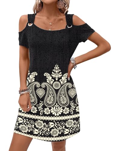 Image of GUNEST Womens Summer Dress Cold Shoulder Scoop Neck Short Sleeve Spaghetti Strap with O Ring Fashion Sundress with Pockets