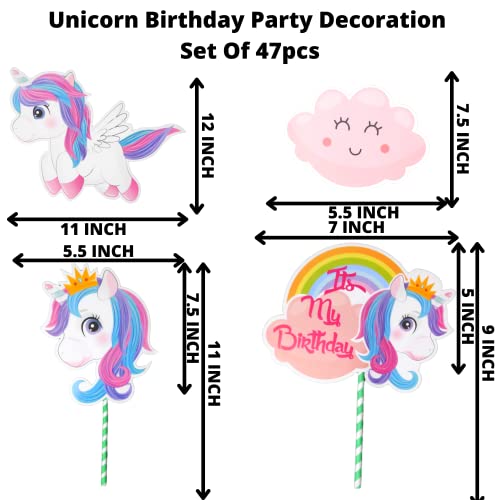 Image of Party Decorz Unicorn Theme Birthday Decoration Set Of 47pcs(1pcs Happy Birthday Banner +12pcs Unicorn Paper Cutout +2pcs Props +1pcs Cake Topper+1pcs Blue Curtain +30pcs Balloons) For Rainbow Theme