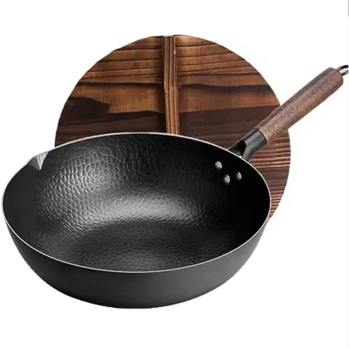 NQYZZFA Carbon Steel Hammered Pow Wok Pan, 12.8Inch Handmade Non-Stick Woks and Stir-Fry Pans for Gas Stove Induction Hob Cooker Frying Pan,32cm with Lid