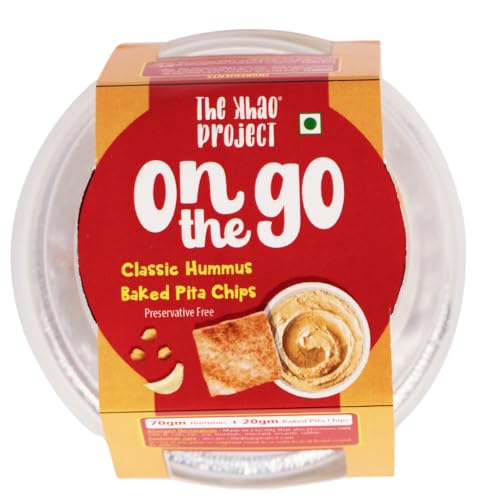 Image of The Khao Project On The Go Hummus Snack Pack| Classic Hummus and Baked Pita Chips| healthy snacks for kids and adults|Travel Friendly| Protein Rich|Preservative Free|Vegan| Tasty Snack