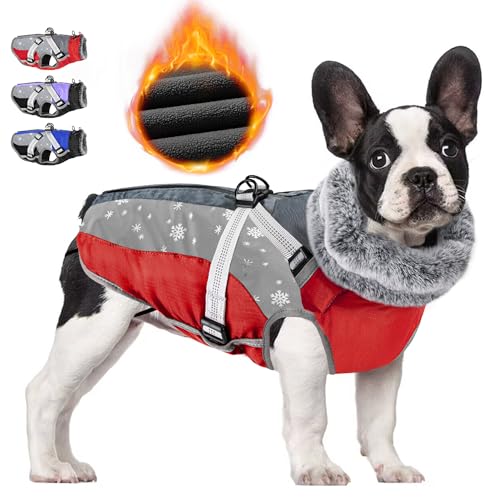 SlowTon Dog Jacket with Harness Built in - Waterproof Fleece Winter Warm Dog Coats for Small Medium Dogs, Reflective Adjustable Furry Puppy Vest Clothes for Outdoor Walking (Red & Black,M)