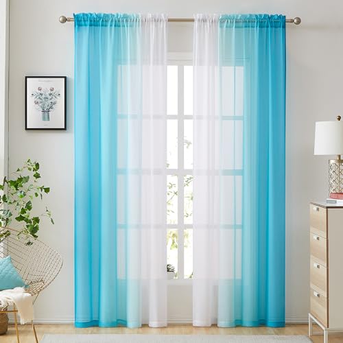Ombre Faux Linen Sheer Curtains for Bedroom Living Room Rod Pocket , Privacy and Light Filtering, 2 Tone Reversible Gradient Voile Semi Window Curtains, Set of 2 Panels, Blue, 54 x 84 Inch Length