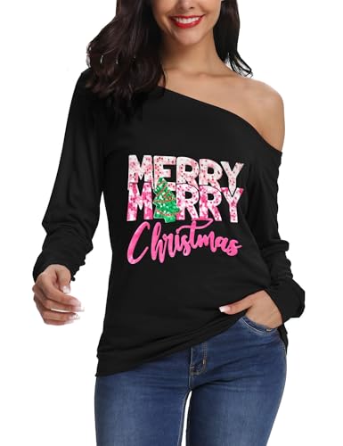 Festive Christmas Tees Women Off Shoulder Long Sleeve 20 christmas tees - black 9