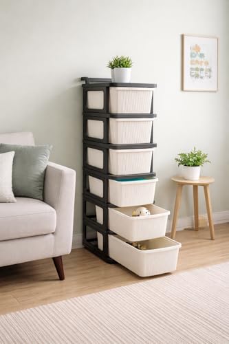 Image of KITCHIVO Heavy Duty Plastic Storage Drawer with Wheels | Modular Cabinet for Bedroom, Office, Home or Classroom| Chest of Drawers Organiser for Cosmetics, Kitchen items, Toys (Black & Ivory, 6)