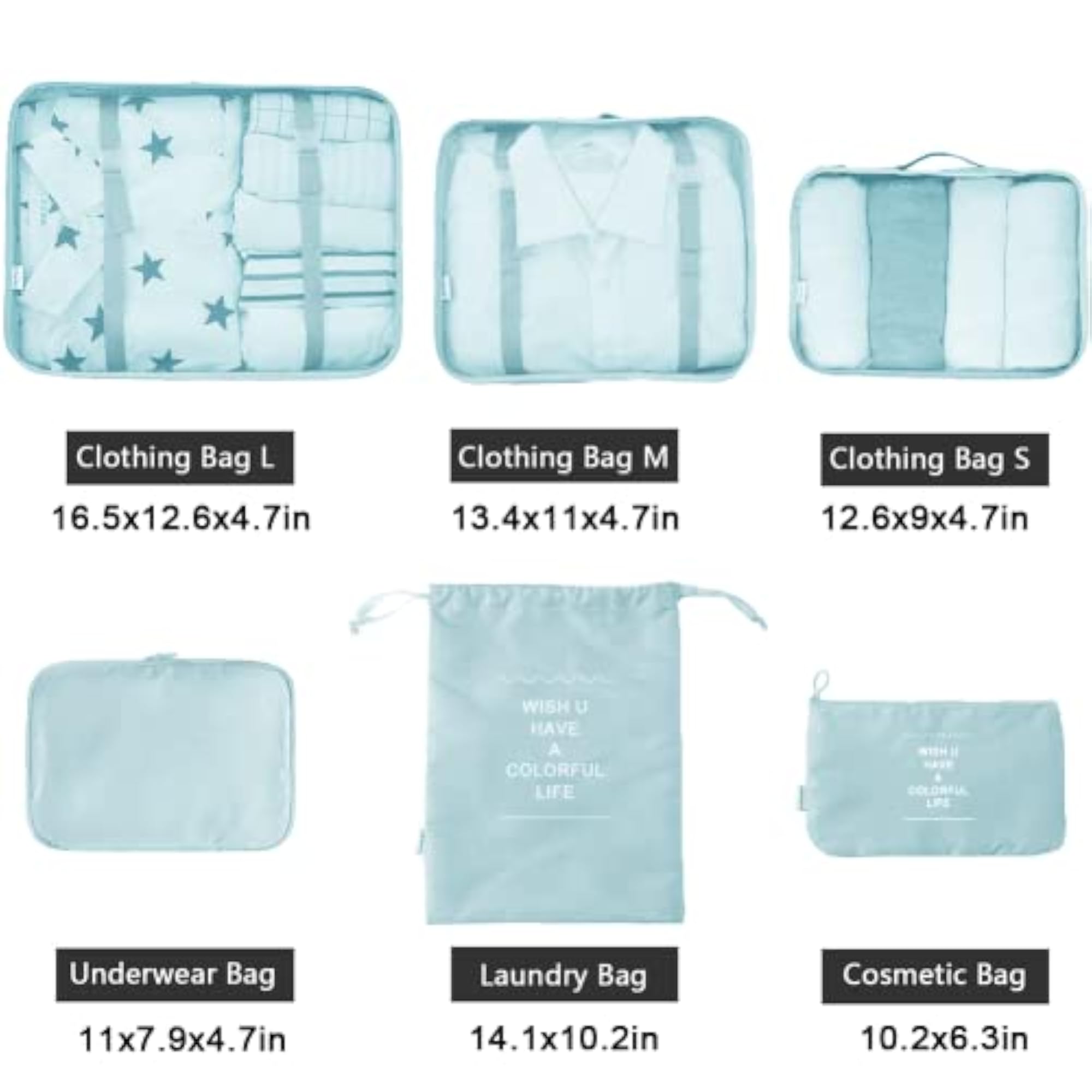 Lightweight 6 Set Travel Bag Organizer Packing Cubes, Blue