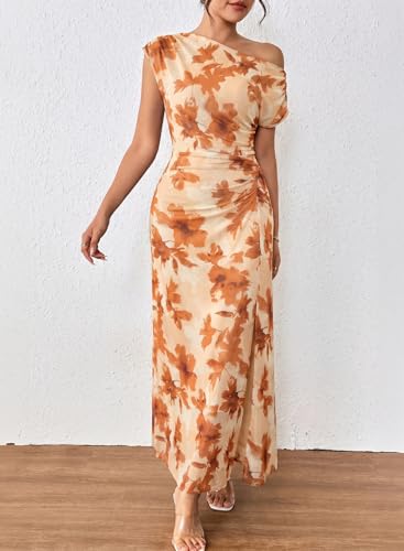 BLENCOT Women's Off Shoulder Floral Maxi Dress Elegant Ruched Waisted Stretchy Mesh Long Dress for Baby Shower Wedding Guest Brown XL — view 4