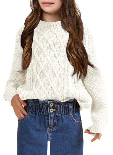 Girls Long Sleeve Cable Knit Sweater Crewneck Pullover Sweaters Kids Chunky Cute Fall Jumper Tops 5-14