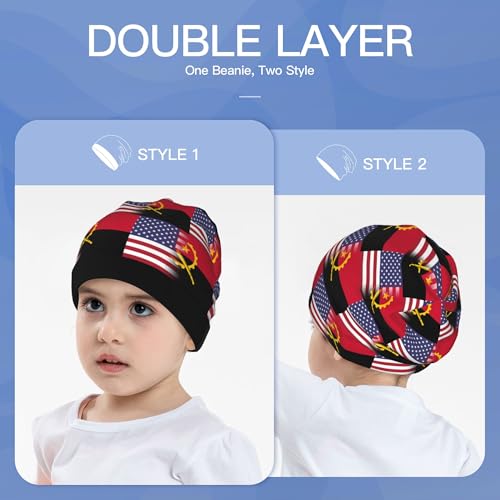 American Flag and Angolan Flag Kids Leisure Elastic Knitted Hat Junior Large Size Knit Cap Child Beanie Black3
