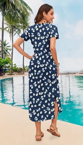 Image of MISFAY Womens Maxi Dress Short Sleeve V Neck Loose with Pockets | Soft stretchy breathable, v neck loose fit, side split hem, two side pockets, casual daily beach vacation travel dress