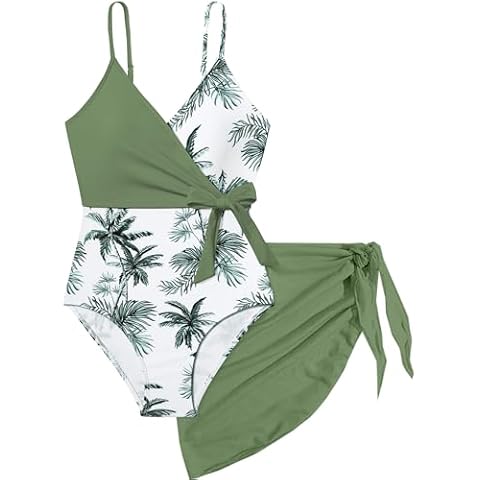 Tomolant Teen Swimsuits for Girls 12-14 One Piece Bathing Suit Green Tropical Print with Adjustable Straps Girls'Swimwear with Cover Up Cover