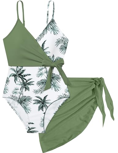 Image of Girls Swimsuit One Piece Bathing Suit Tropical Floral with Adjustable Straps Girls'Swimwear with Cover Up 9-16T