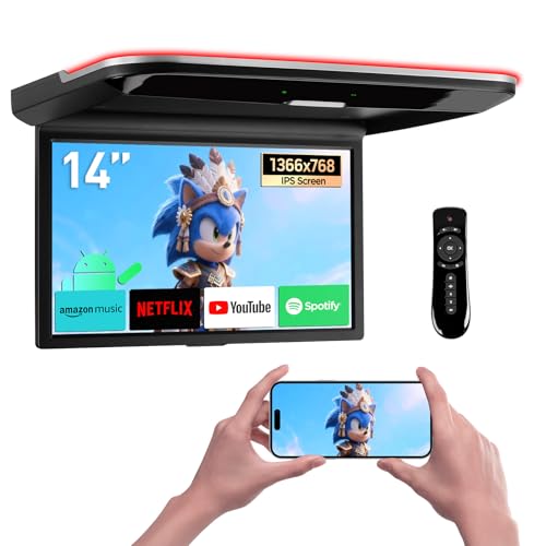 XTRONS Reproductor de techo de coche Android de 14 pulgadas Octa Core 2+32 GB, pantalla IPS ancha, video 4K con altavoces estéreo, monitor superior abatible, compatible con 4G/WiFi/HDMI/doble entrada