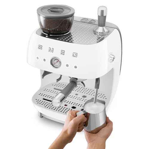 Image of Smeg EGF03 Semi-Automatic Espresso Machine with Built-In Grinder, Dual Thermoblock, 50's Retro Style - White (120 V)