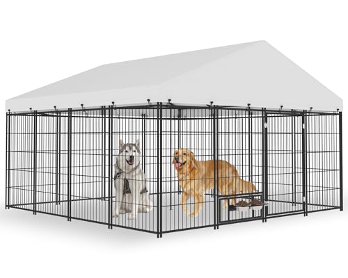 Yafylly 10×10×6 FT Large Outdoor Dog Kennel for Large Dogs - Heavy Duty Dog Kennel Outdoor with Roof, Covered Dog Kennels with Feeding Door and Double Lock by Yafylly - Used condition - US$373.62