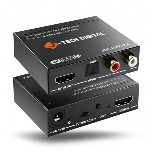 J-Tech Digital HDMI Audio Extractor 4K 60Hz & ARC Support, HDMI to RCA Optical Compatible with Dolby Digital DTS Stereo for Laptop Blu-Ray Gaming Consoles (JTECH-AE4KA)