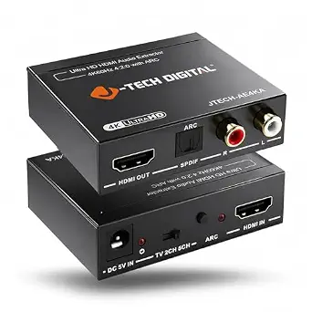 J-Tech Digital HDMI Audio Extractor 4K 60Hz & ARC Support, HDMI to RCA Optical, Compatible with Dolby Digital DTS Stereo for Laptop, Blu-Ray, Gaming Consoles