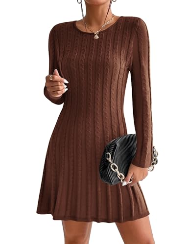 Hotouch Herbstkleid Damen Langarm Pulloverkleid Herbst Strickkleid Winter Rundhals Elegant Knielang Freizeit A Linien Kleider Kleid Braun L