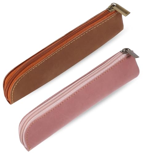 Psyqtsuary Leather Pencil Pouch 2 Pcs Soft Flat Slim Pencil Case Portable Small Pencil Pouch with Zipper Simple Makeup Bag Lipstick Case for Women Men Home Office Travel Outdoor (Pink Brwon)