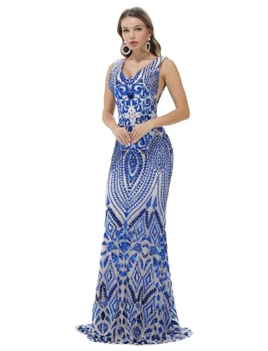 Image of Women's Wedding Bridesmaid Gown Sequined Mermaid V Neck Sleeveless Evening Dress