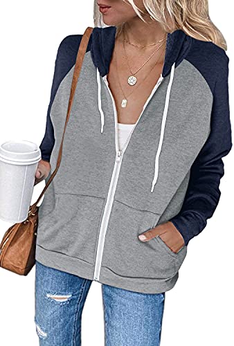INFITTY Women's Casual Color Block Long Sleeve Zip Up Hooded Sweatshirt Lightweight Hoodies Jacket with Pocket