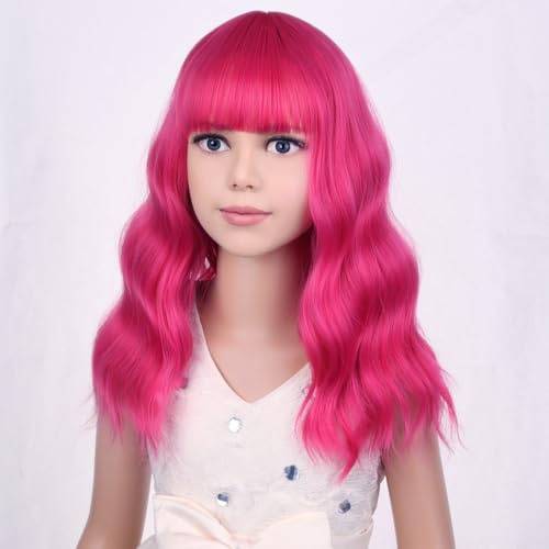 Image of PATTNIUM Hot Pink Wig for Kids Short Wavy Wig Neon Pink Wigs with Bangs Girls Magenta Cosplay Halloween Party Costume Wigs