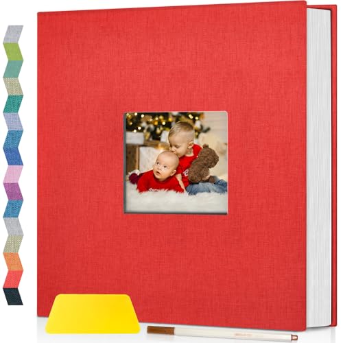 Image of Popotop Photo Album Self Adhesive with Picture Display Window,40 Pages DIY Scrapbooking Supplies Kit for 4x6 8x10 Picture,Linen Cover Memory Book for Baby Wedding, with Scraper and Metallic Pen